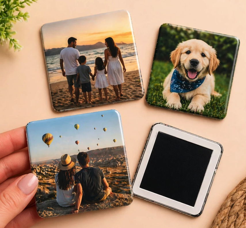 Memórias magnéticas personalizadas com fotos de família, viagem e um cachorro, ao lado do verso magnético