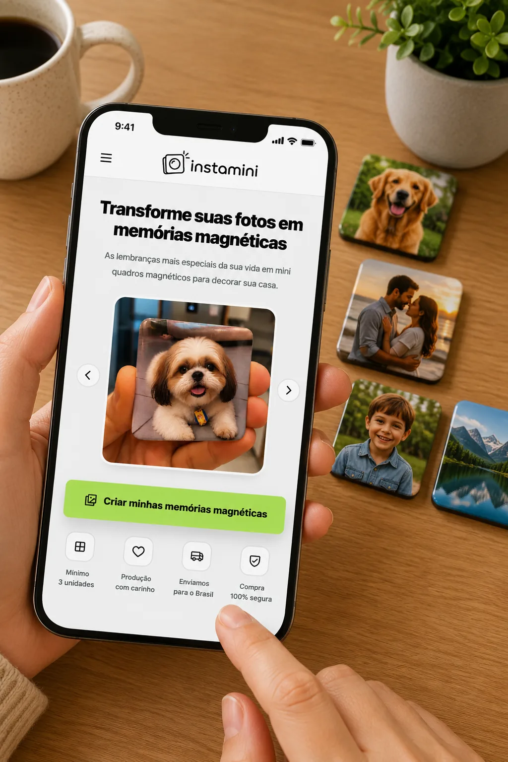 Celular exibindo a Instamini ao lado de ímãs personalizados e selo de 20% de comissão